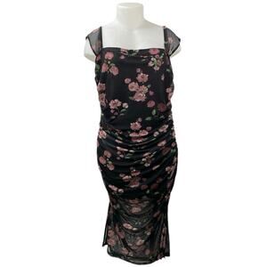 Cider Women's Black Floral Print Sleeveless Ruched Midi Bodycon Dress Size 3XL